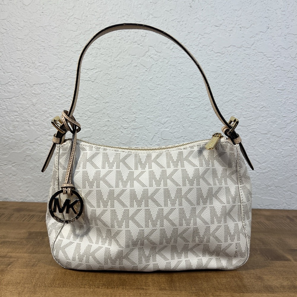 Michael Kors Jet Set Signature Shoulder Bag Beige Strap White Gold Accents
